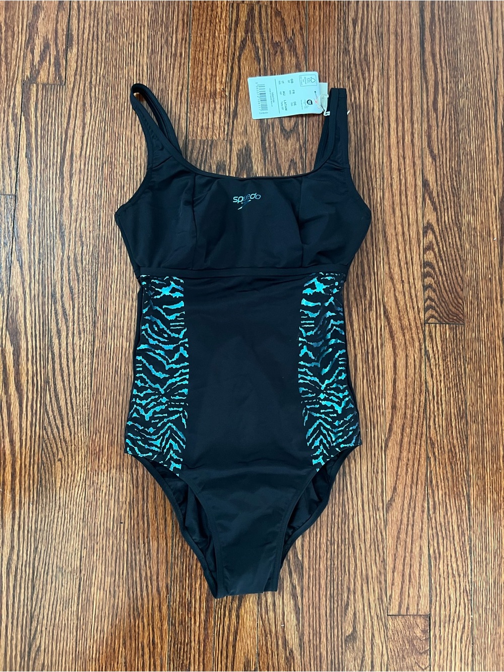 Speedo Black One-Piece Swimsuit with Teal Zebra Side Panels